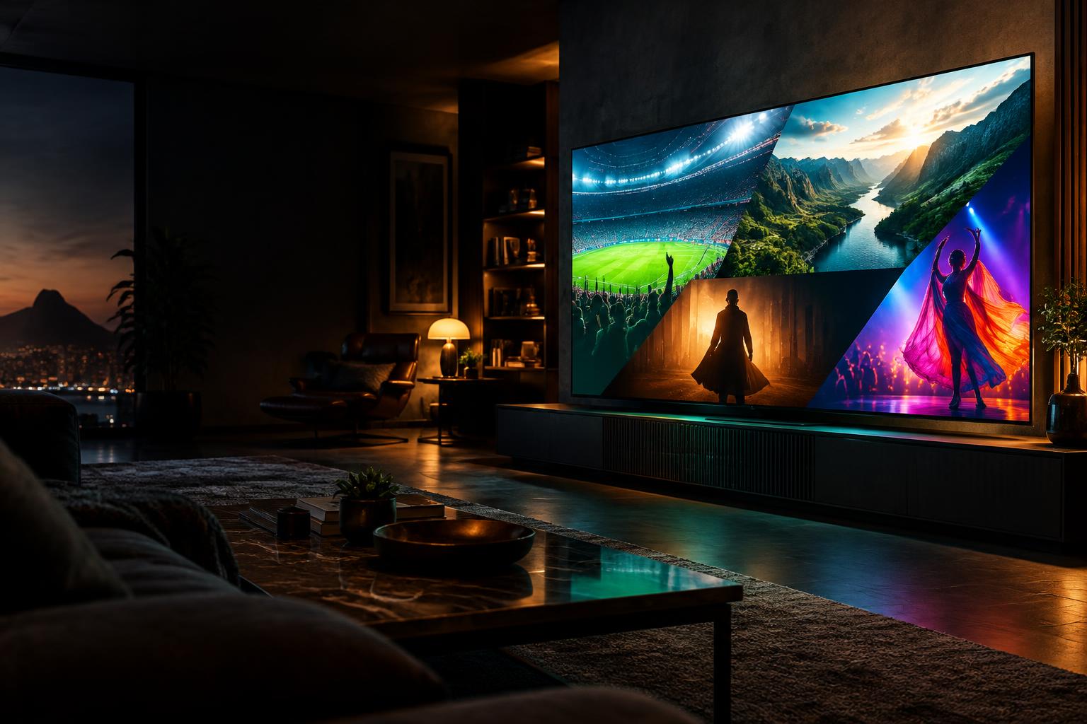Sala com televisão exibindo esportes, filmes e séries
